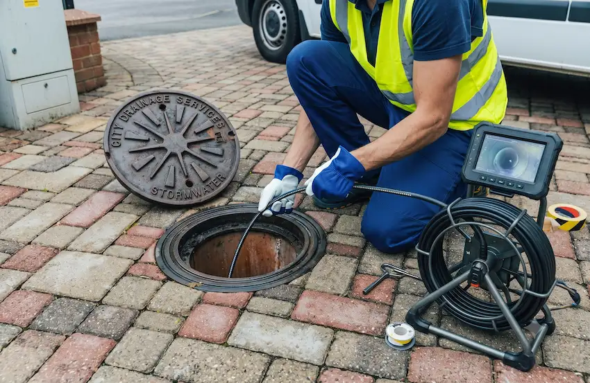 Worker in a high-visibility vest kneels by an open storm drain, guiding a cable camera into the manhole with a portable monitor and reel of cable nearby.