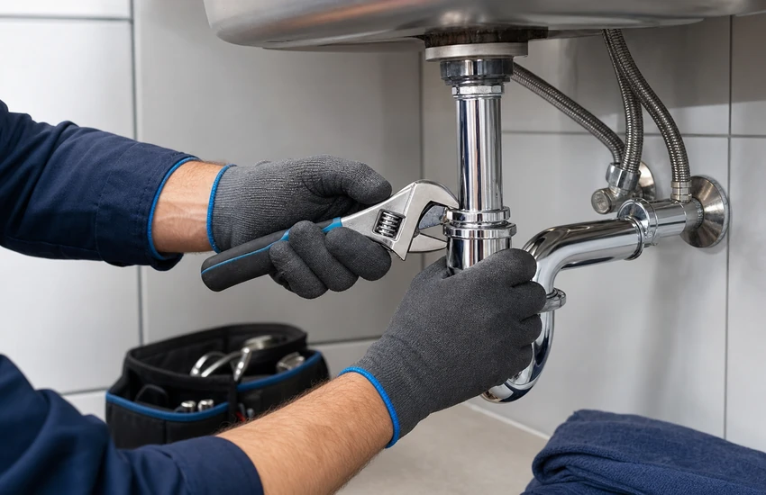 Plumber wearing gloves tightening a chrome under-sink pipe with an adjustable wrench.