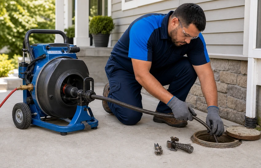 Plumber in a blue shirt using a drain auger to clear a manhole, with a blue drain-cleaning machine beside him.