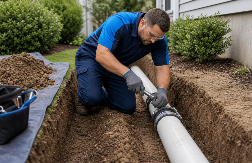 Worker in blue uniform kneels in a dirt trench, connecting a large white drainage pipe with a wrench and safety gloves near a house garden bed.