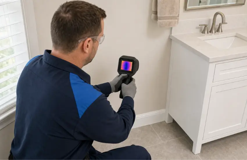 Technician in safety gear uses a handheld thermal camera to inspect a bathroom.